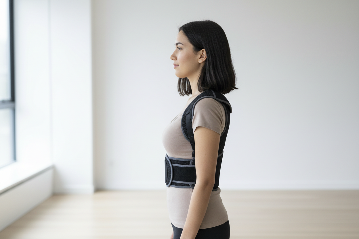 de profil avec la ceinture qui va sur le dos et les epaules